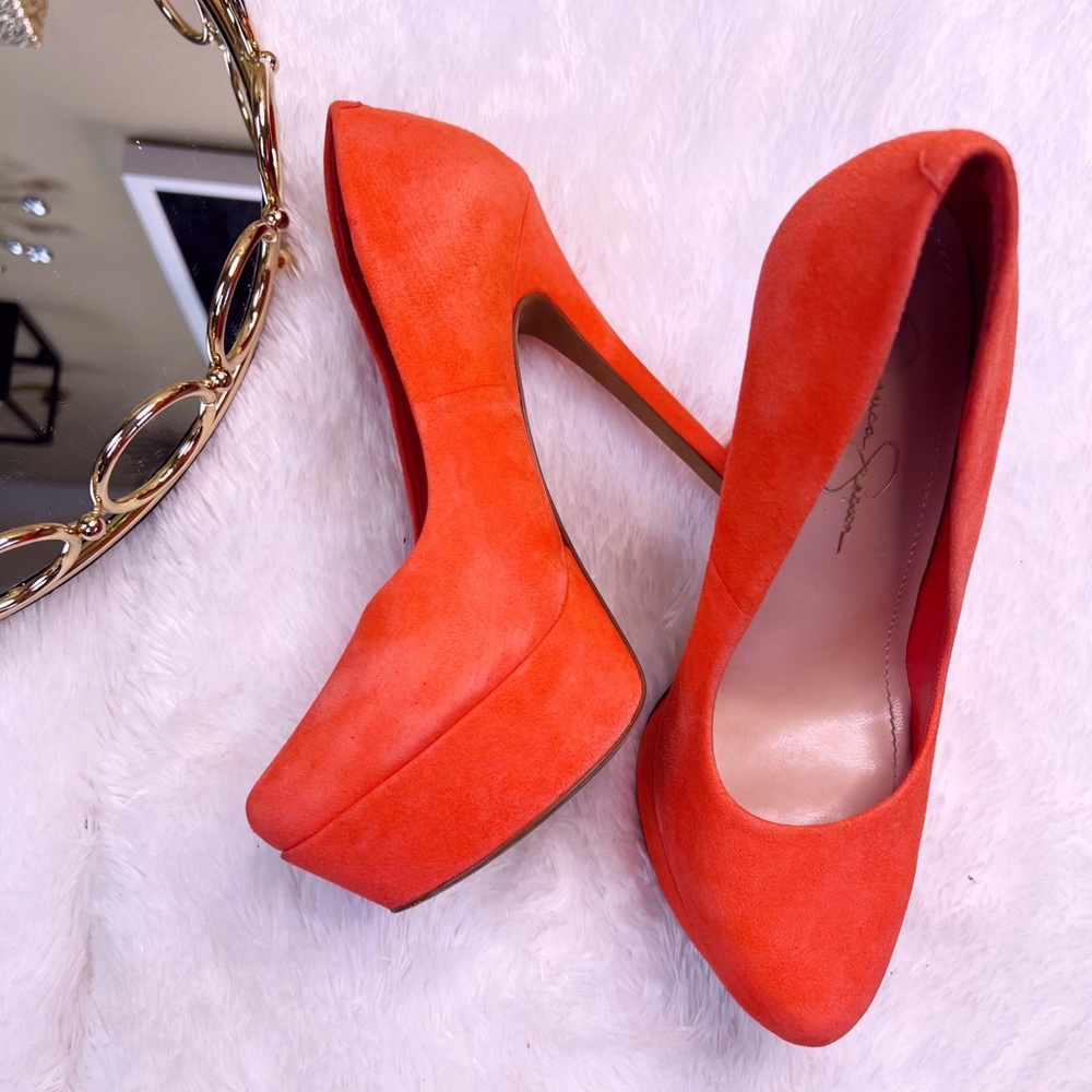 Jessica Simpson coral suede ultra high pumps